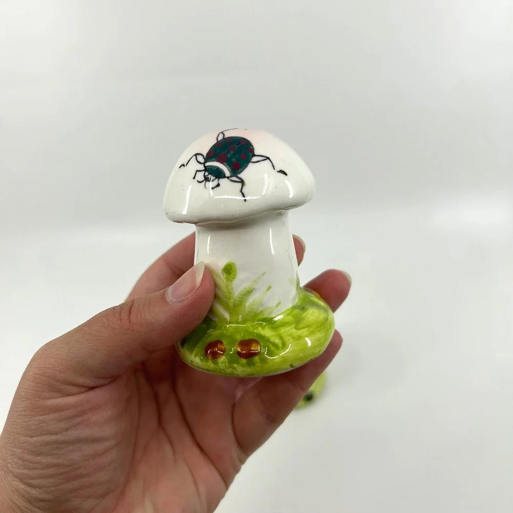 Vintage Mushroom Japan Ceramic Salt & Pepper Shakers Bug Whimsical Forest Decor